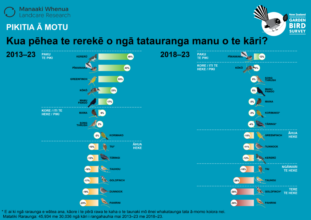 Barplot: How have garden bird counts changed 2013 – 2023 (Te Reo Māori)
